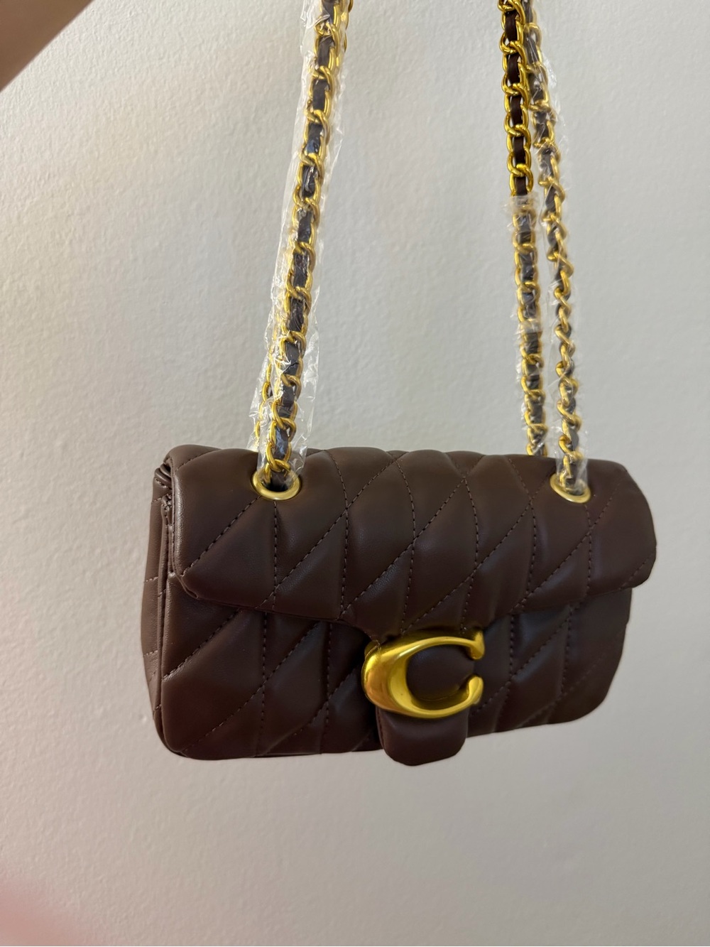 Quilted Chocolate Shoulder Bag with Gold Chain and C Clasp